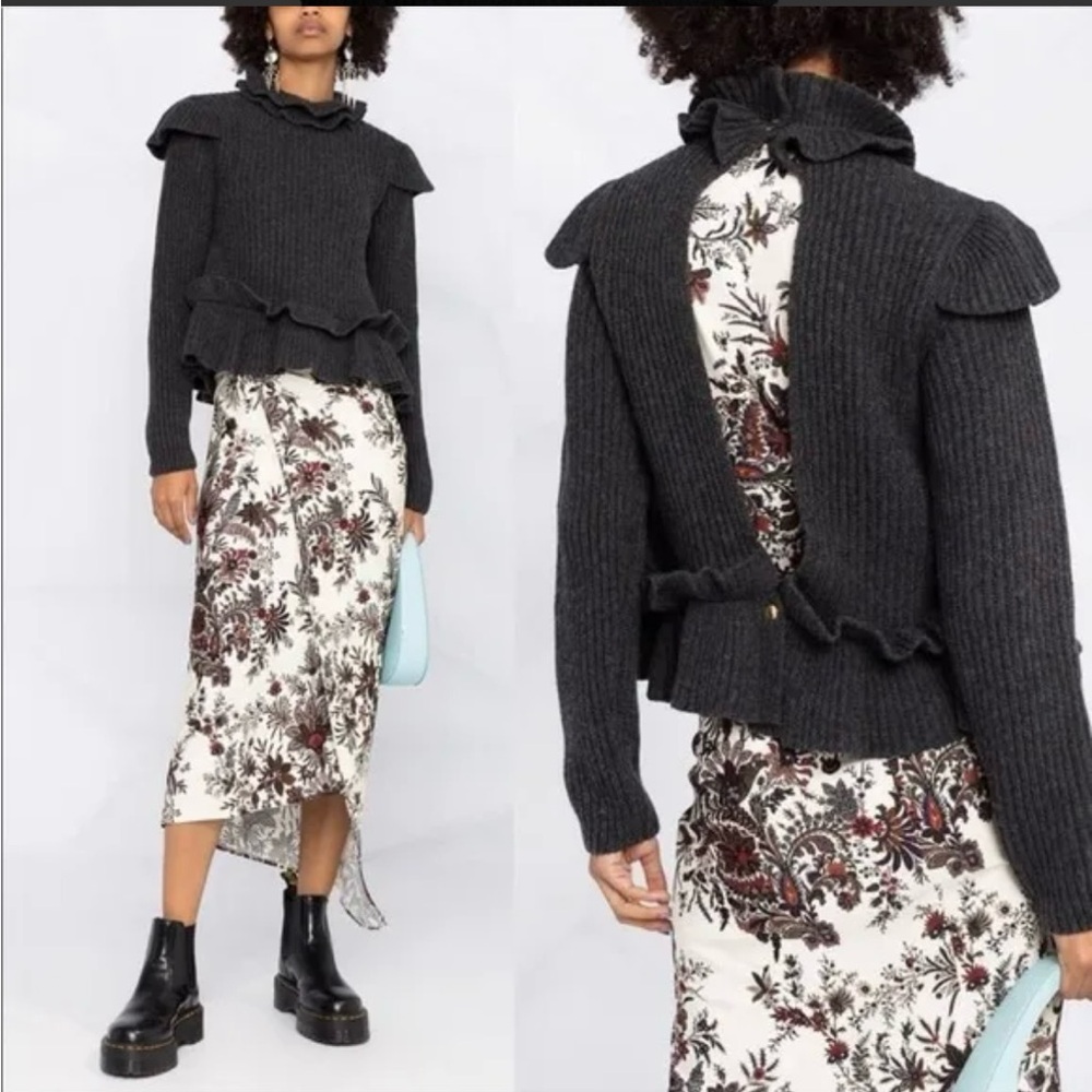 GANNI Cutout Ruffled Ribbed Open Back Wool-blend Sweater - Picture 6 of 12